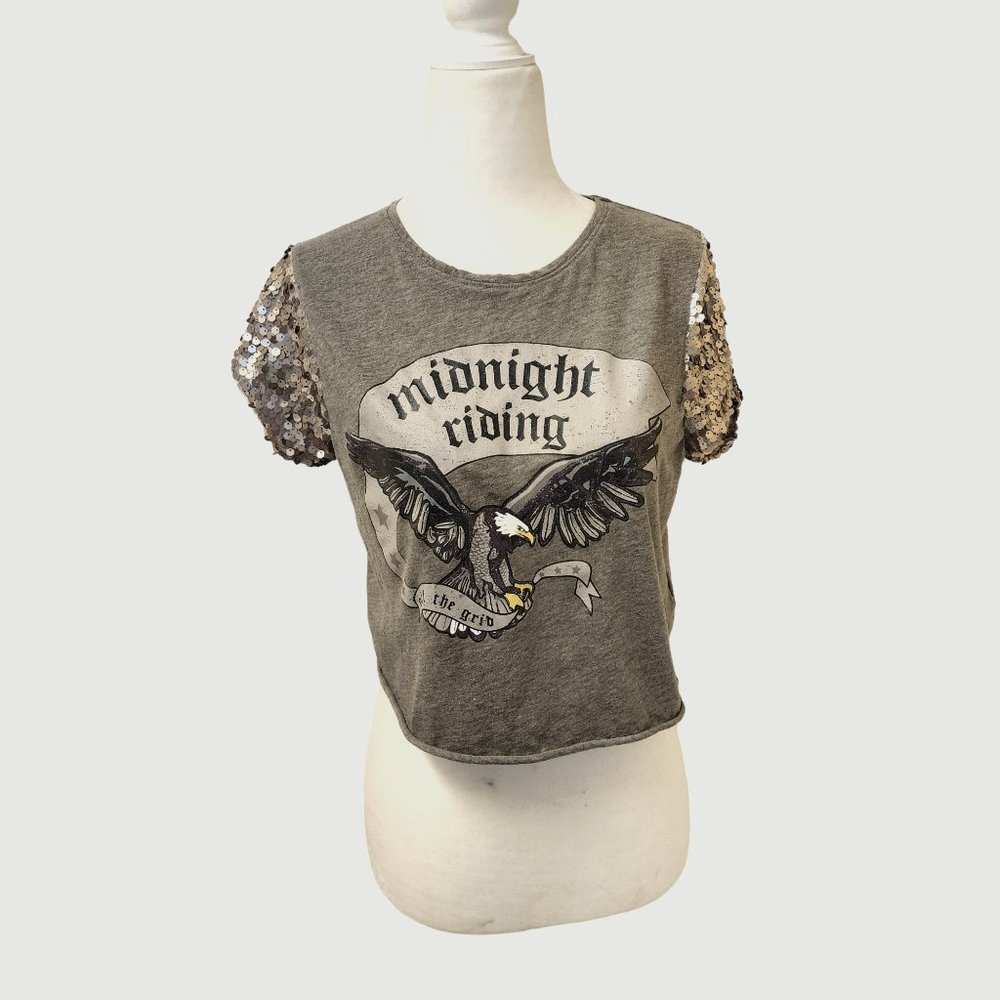 FB Sister Army Green Eagle Midnight Riding Crop Top Size Medium Sequin Arms